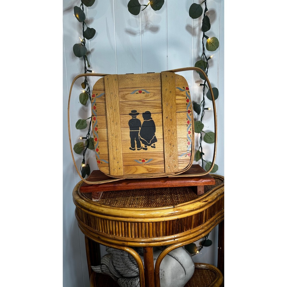 Vintage Amish Couple Hand Painted Wooden Picnic Basket Rustic Farmhouse Decor